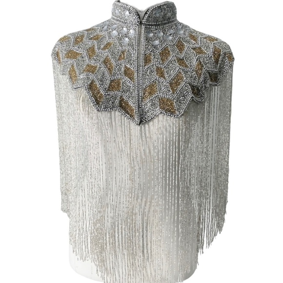Silver and gold hand beaded fringe capelet O/S - Picture 1 of 8